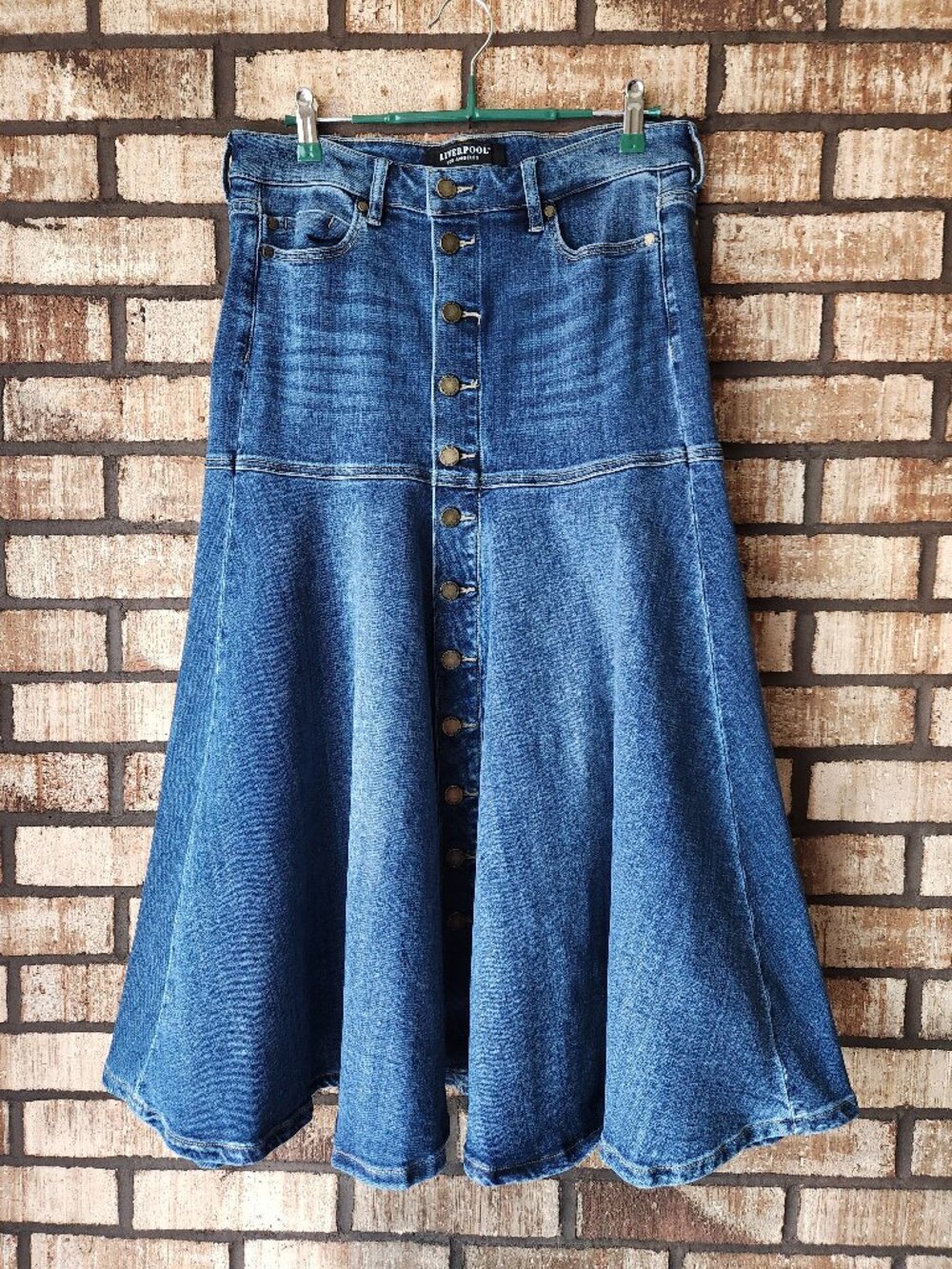 Liverpool Los Angeles High Rise A-line Skirt Denim Button Front Size 6